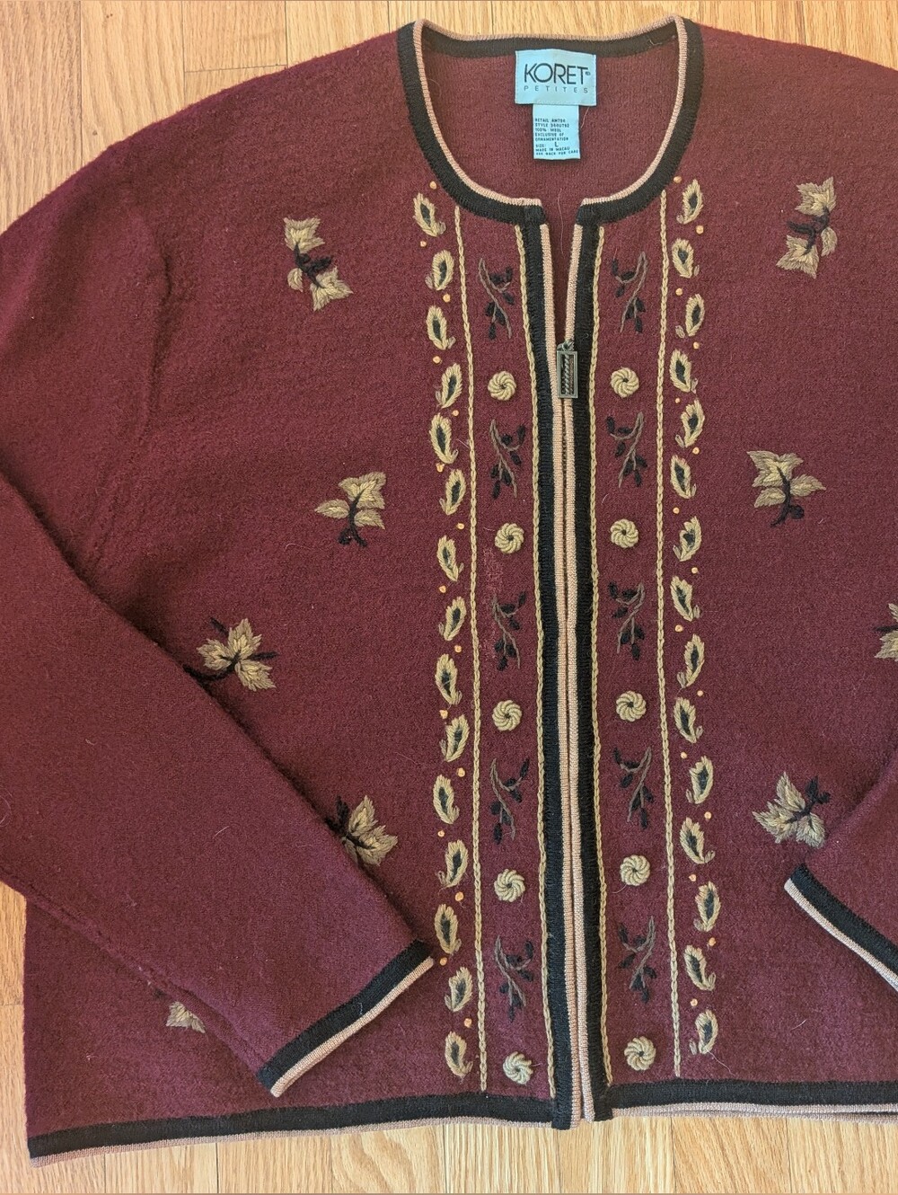 Koret Burgundy Embroidered Zip Cardigan with Gold Leaf Accents